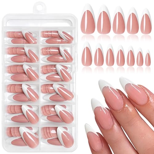 Lifextol 120pc White French Tip Press on Nails Medium Fake Nails Press ons with Glue&Adhesive Tab, False Acrylic Nails Press on Nails Almond Nail Tips Artificial Glue on Nails Fingernail Stick Nails