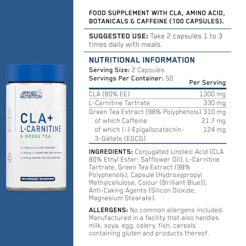 Applied Nutrition CLA + L-Carnitine & Green Tea - Fat Burner for Weight Loss, Energy & Metabolism Support (100 Capsules / 50 Servings) - Image 5