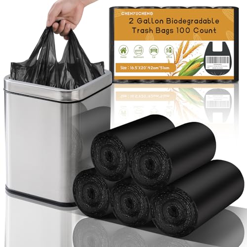 Small Bathroom Trash Bags 2 Gallon - Black Mini Garbage Bags With Handle Biodegradable Compostable 100 Count Kitchen Office Car Little Waste Basket Unscented Tiny Liners Strong Thick Chenyucheng