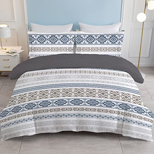 Soulzzz Bohemian Geometric Duvet Cover Set Twin Size Boho Blue Chevron Strip Gingham Comforter Cover Soft Lightweight Chic 3 Pieces Geometric Bedding Set No Comforter Included #TOP24