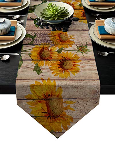 Linen Burlap Table Runner Dresser Scarves Sunflower on Rustic Wood Plank Country Theme Kitchen Table Runners for Dinner