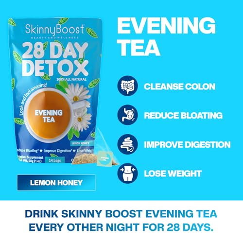 Skinny Boost 28 Day Detox Tea Kit –Daytime (28 Bags) + Evening -(14 Bags) – Herbal Detox for Weight, Metabolism, Energy, Bloating & Colon Cleanse – Green Tea, Senna, Vegan, Keto, Non-GMO, Sugar-Free