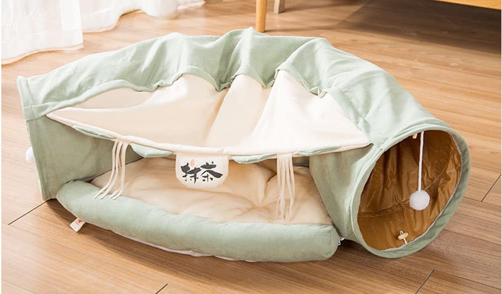 2 in 1 Katzentunnel Bettschlauch mit Kissen und Plüschball Spielzeug Spielplatz Knistern zusammenklappbar für große Katzen Kätzchen Kitty Welpe Kleine Hunde Faltbar Weiches Haustier Spielbett Indoor