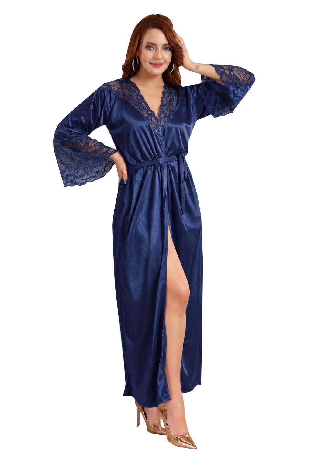 Women Satin Long Robe Nighty | Full Sleeve Sleepwear with Waist Tie-Up | Soft Silky Lounge Robe for Women-image-8