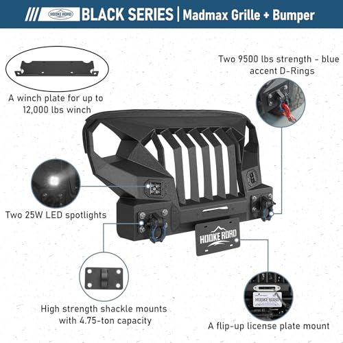 Image of Hooke Road JK Mad Max Front Bumper Grill for 2007-2018 Jeep Wrangler JK & Unlimited 2 /4 Doors, Rock Crawler Offroad Bumper with Winch Plate, LED Lights