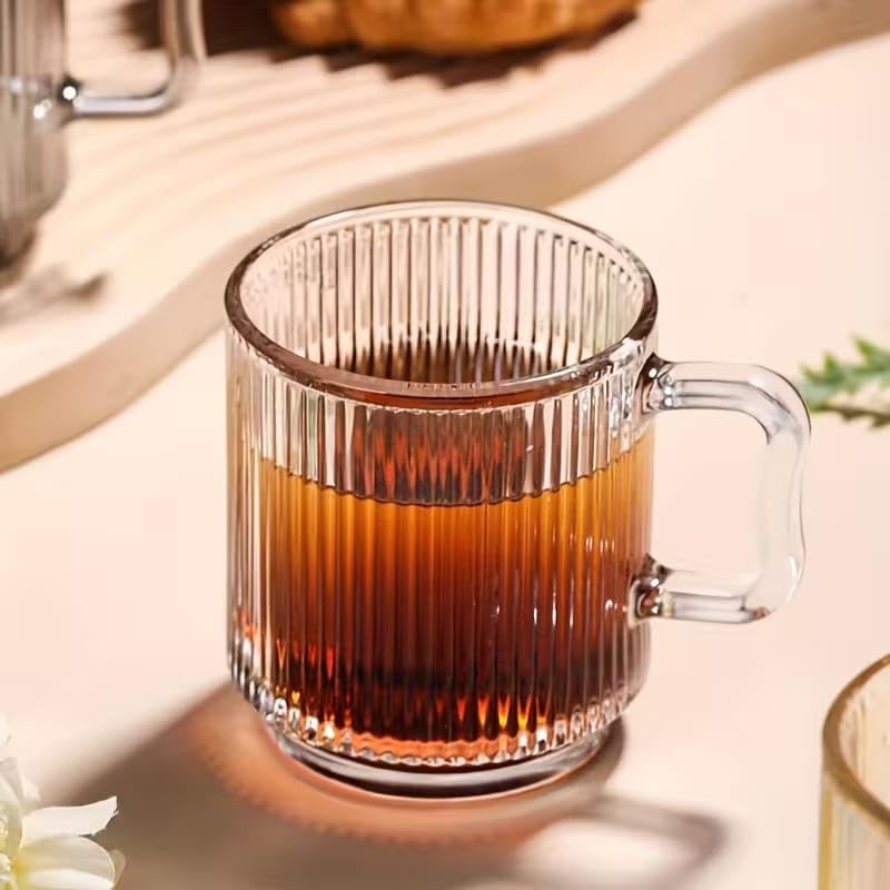 Image of PrimeWorld Elegant Crystal Clear Coffee Mug Set of 2 - 350 ml | Vertical Stripes Glass Tea & Latte Cups | Clear Glass Mugs for Milk, Coffee, Hot Chocolate & Iced Tea