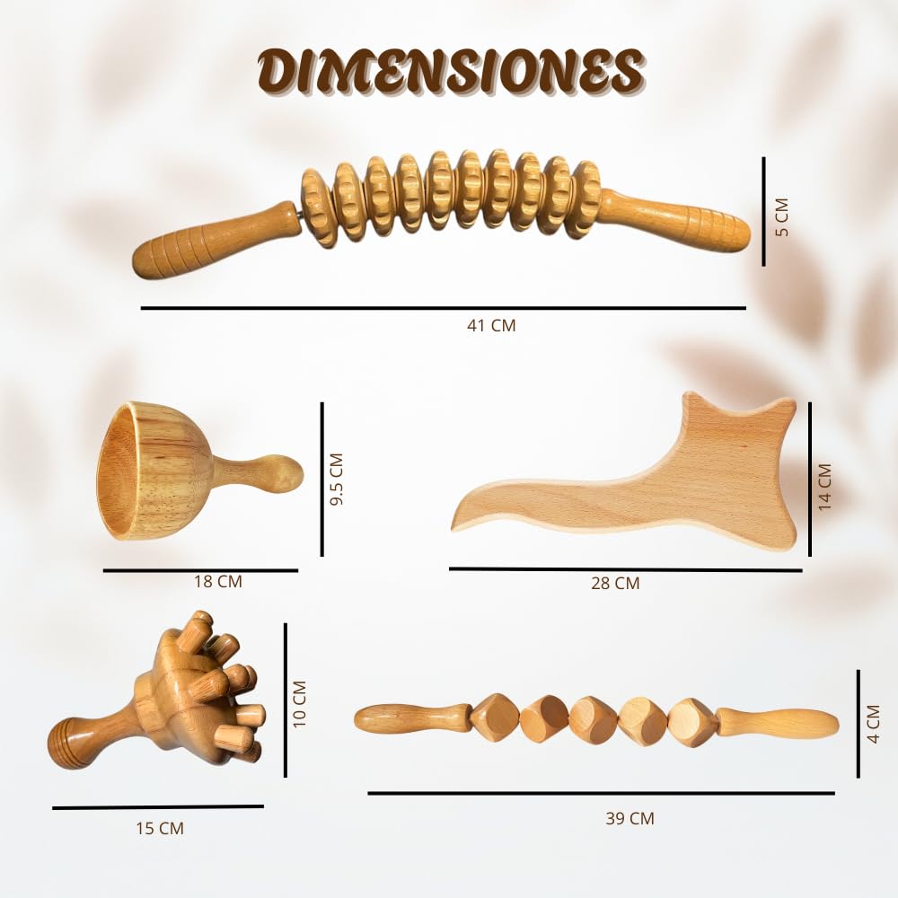 Pack de Maderoterapia Corporal Profesional para Masajes Relajantes y Celulitis con Instrucciones Qr – Compuesto por Tabla Moldeadora, 2 Rodillos, Champiñón y Copa.