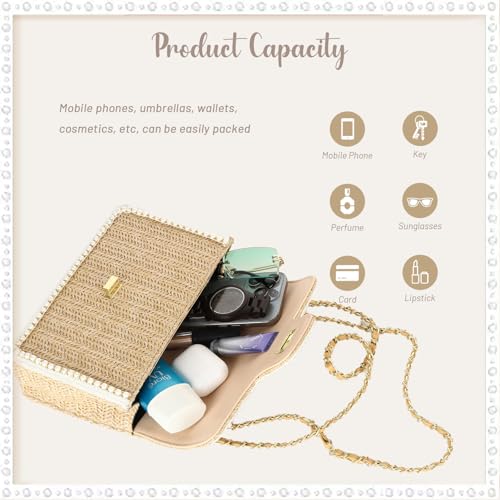 Image of Fecialy Straw Crossbody Bags for Women Summer Straw Beach with Pearls Raffia Shoulder Handbags