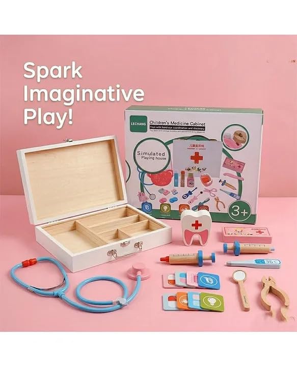 Image of Wooden Doctor Kit for Kids - Pretend Play Dentist & Medical Toy Set with Storage Cabinet, Educational Learning & Role Play Gift for Boys & Girls (Age 3+)