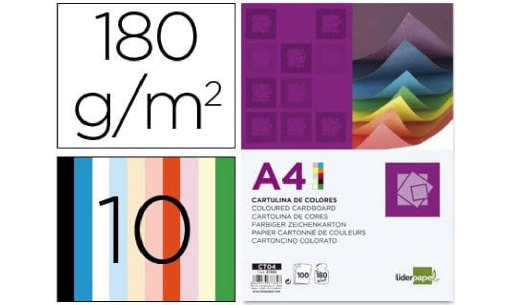 Pack of 100 Coloured Card A4 180g 10 Colours