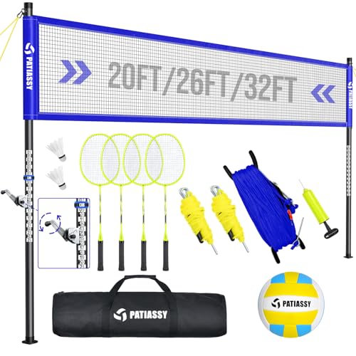 Patiassy Outdoor Volleyball Net System for Backyard, Adjustable Height (5.1–8FT) & Width (20–32FT), Anti-Sag Tension System, 2-in-1 Badminton Combo Set with Carry Bag, Rackets & Shuttlecocks