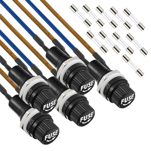 JAMHER 5 Pack Panel Mounted Fuse Holder 6x30mm Screw Cap Fuse Holder 250V AC 10A 125V AC 15A 12V DC Fuse Holder with Pre-Soldered Wires and 10A/15A Fast Blow Glass Fuse kit(6 * 30mm)