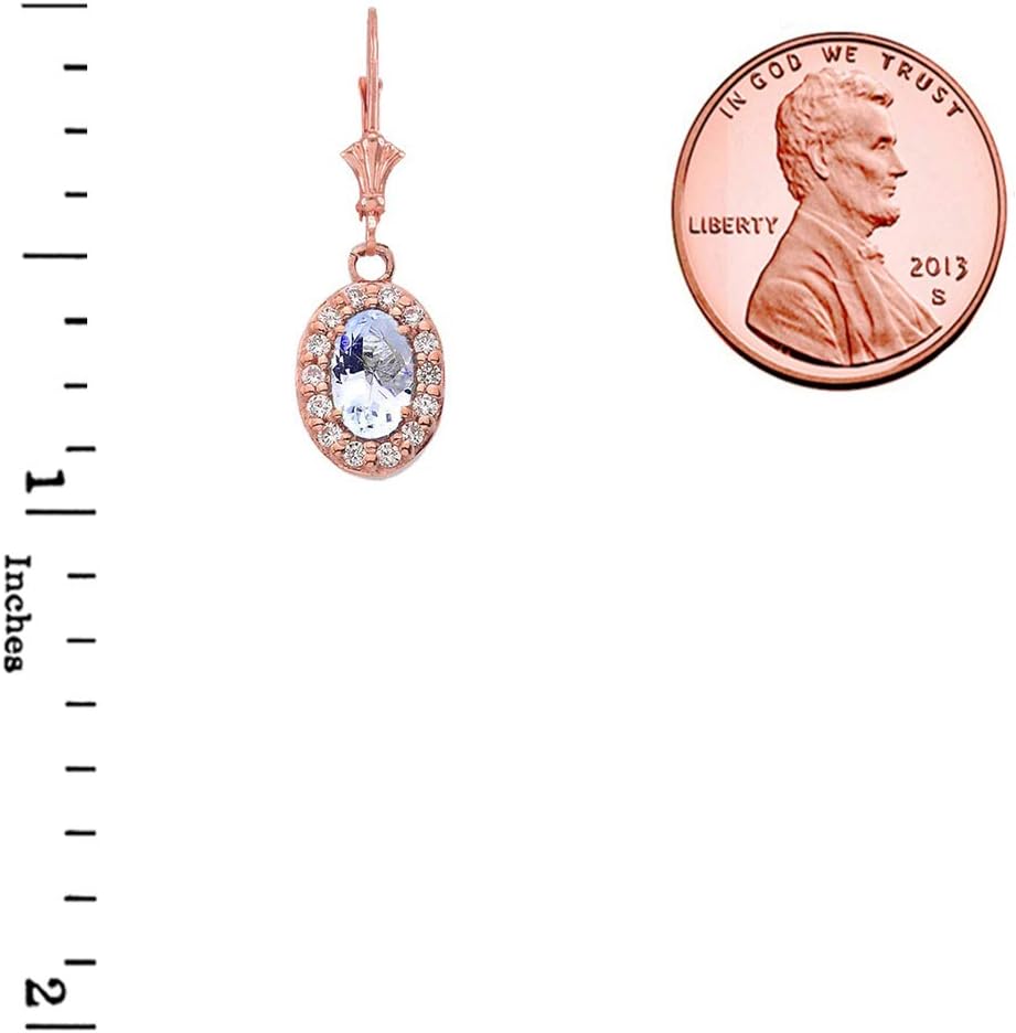 Dazzling 14k Rose Gold Diamond and Oval-Shaped Aquamarine Leverback Earrings