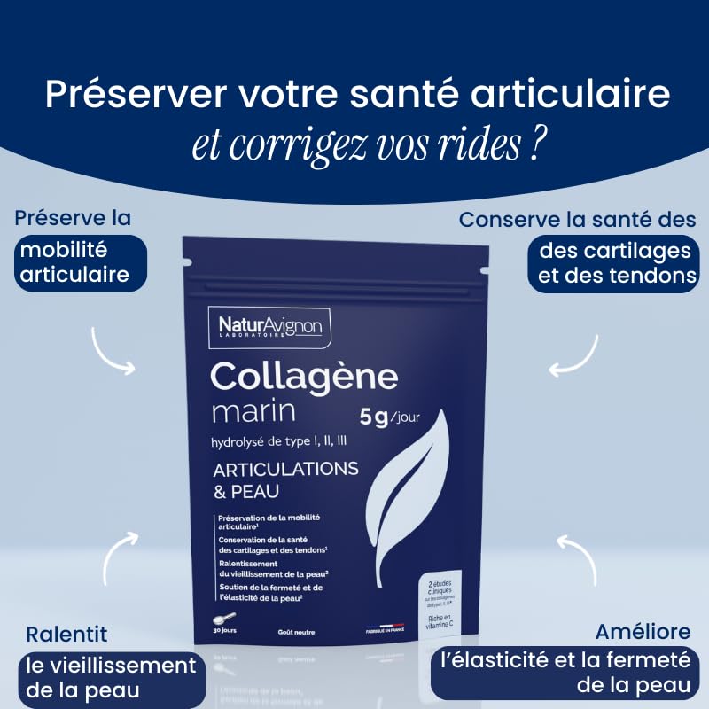 NaturAvignon Lot de 2 Collagènes Marins Hydrolysés | Articulations, Cartilages, Tendons, Os, Peau | Types 1, 2 & 3 | Vitamine C, D3, K2, Zinc, Calcium | Poudre | Fabriqué en France