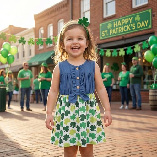 Image of Unique Baby Girls Sleeveless Denim Dress with Knot Tie and Fun Print for Toddler and Big Kids