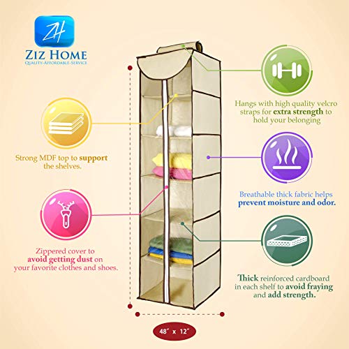 Ziz Home Hanging Closet Organizer with Zipper | 6 Shelves 12”x 12” 48" Closet Organizers and Storage Hanging Sweater Organizer for Closet Storage Hanging Clothes Sweater Shoe Storage Shelf - Thumbnail 5