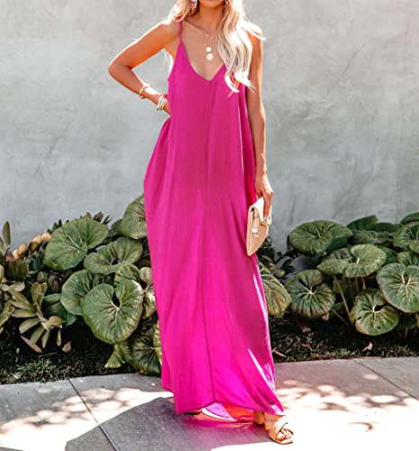 Image of R.Vivimos Women's Summer Casual Adjustable Spaghetti Strap V Neck Boho Loose Fit Backless Maxi Dress with Pockets