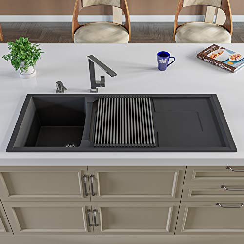 Alfi Brand Ab4620Di-Bla Black 46" Double Bowl Granite Composite Kitchen Sink With Drainboard #TOP1