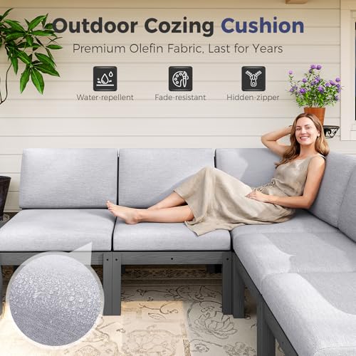 Image of Modular Outdoor Patio Conversation Set, 6-Piece L-Shaped Sectional Sofa Set with Coffee Tables & Thick Cushions, Easy Side Interlock, HIPS All-Weather Patio Furniture Set for Backyard, Deck, Poolside