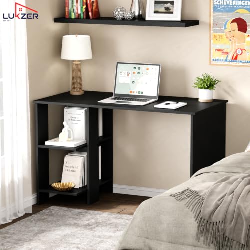 Image of Lukzer Engineered Wood Computer Desk with One Tier Shelves Laptop Study Table for Office Home Workstation Writing Modern Desk (ST-007 /Black / 100 x 50 x 77 cm)