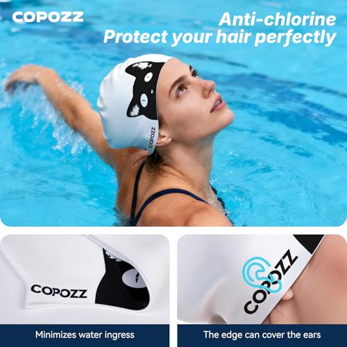 COPOZZ Extra Large Swim Cap for Women - Super Stretchy & Waterproof Silicone, Fits All Hair Types Long Short Thick Curly & Dreadlocks, Includes Earplugs & Nose Clip（Black Cat） by COPOZZ - Used condition - Image 6