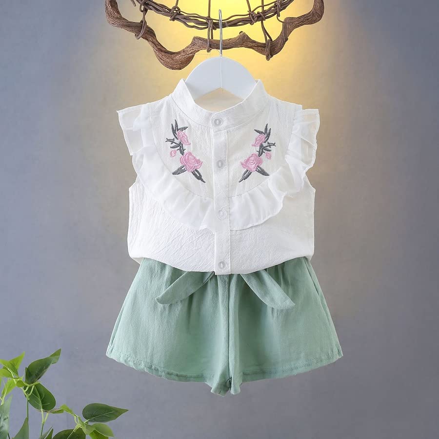 Image of Bold N Elegant Floral Embroidered Cotton Sleeveless Ruffle Top and Shorts Clothing Set for Infant Toddler Baby Girl