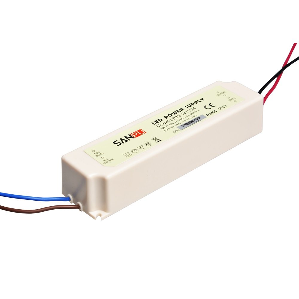SMPS 75W 24VDC LED Driver 3A Switching Power Supply 220V 230V AC-DC Lighting Transformer White IP67 Waterproof Sprayproof (SANPU LP75-W1V24)