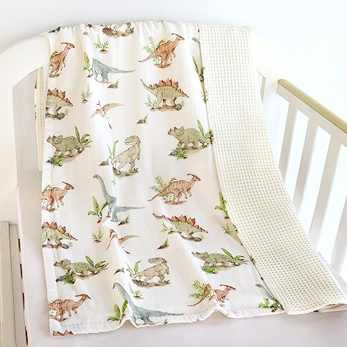 Image of LifeTree Waffle Baby Blankets Neutral, Soft Muslin Swaddle for Boys & Girls, 2-Layer Crib Blankets with Muslin Front and Warm Waffle Backing, Dinosaur Print