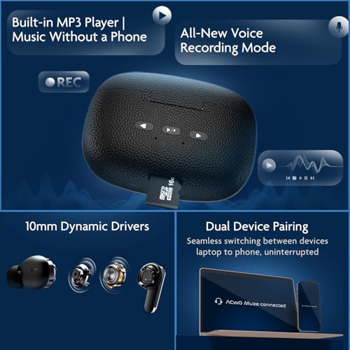 Image of ACwO DwOTS Muze, in-Built MP3 Player, TF Card Support, Recording Mode, Real-Time Audio Monitoring, 10mm Drivers Bluetooth Earbuds, 45H Playtime, TWS Ear Buds Wireless Earphones with Mic (Black)
