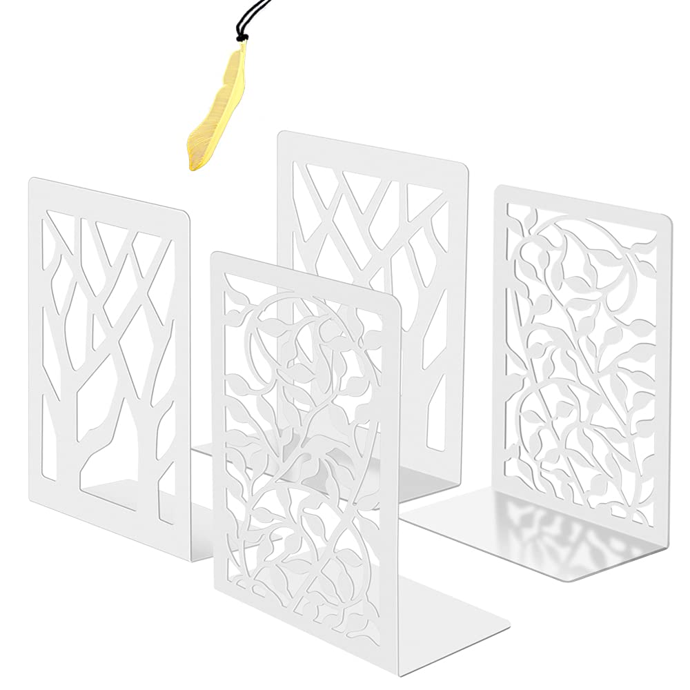 Iycnkok Sujetalibros Sujeta Libros Estantería de Metal - Apoya Soporte Libros Diseño Árbol/Hoja, Ideal para Infantil, Oficina, Escuelas, Decoración de Escritorio, 2 Pares Blanco