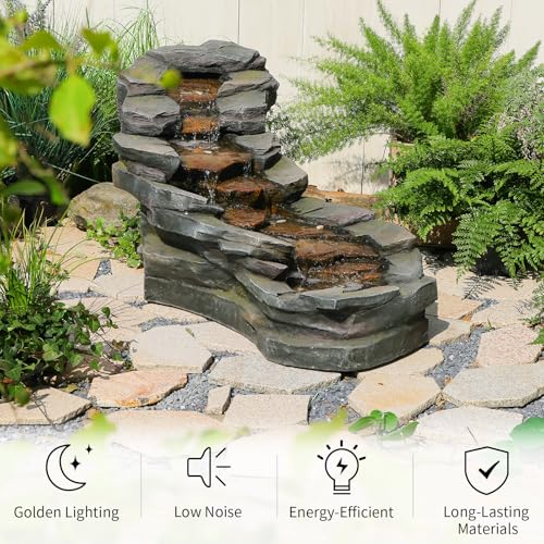 Sunlinua 49" L Water Fountain Outdoor 5-Tiers Rock Natural Waterfall Fountains Floor Standing Water Features with LED Lights for Garden, Patio, Porch, Home Art Decor