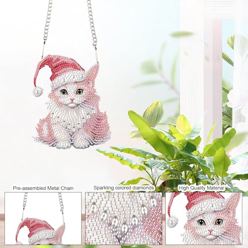 Image of DIY 5D Diamond Painting Hanging Ornament Christmas Cat Design, Crystal Rhinestone Diamond Art Pendant, Handmade Suncatcher for Home, Wall, Window, and Holiday Gift