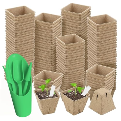 150 Piezas Cuadradas Macetas de 6 cm, Macetas Biodegradables con Agujeros de Drenaje, Ecológico y biodegradable para germinador de semillas, con 100 Etiquetas Plásticas y 2 Herramientas de Jardín(6cm)
