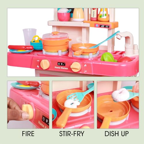 Image of PUREjoy Kitchen Play Set for Kids, Interactive Stove with Lights, Sounds & Steam, Working Water Sink, 42-Piece Accessory Set with Storage, Pink, 52cm