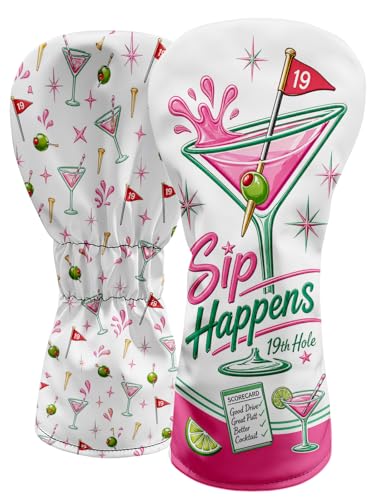Retro Cocktail 19th Hole Club Covers, 3 5 Fairway Wood Cover & Hybrid Headcovers, Premium PU Leather Driver Headcovers Set for Golfers, Golf Club Protection Accessories Gifts