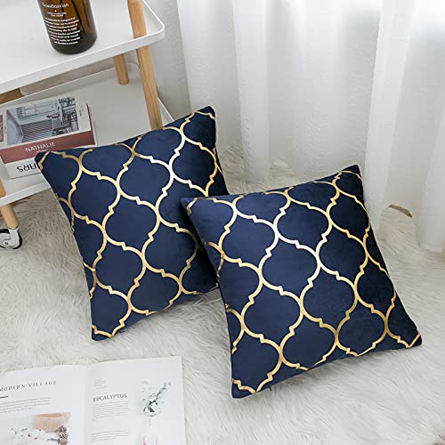 Cheekywares 2er Set Kissenbezüge Marineblau Abstrakt Geometrische Goldprägung Marokkanischen Quatrefoil Dekokissenbezüge… – Bild 4