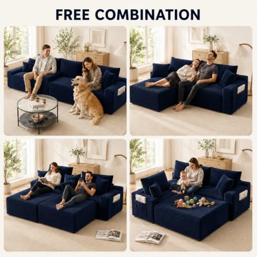 Image of 96 inch Boneless Couch, Modular L-Shaped Cloud Sectional Sofa, Blue