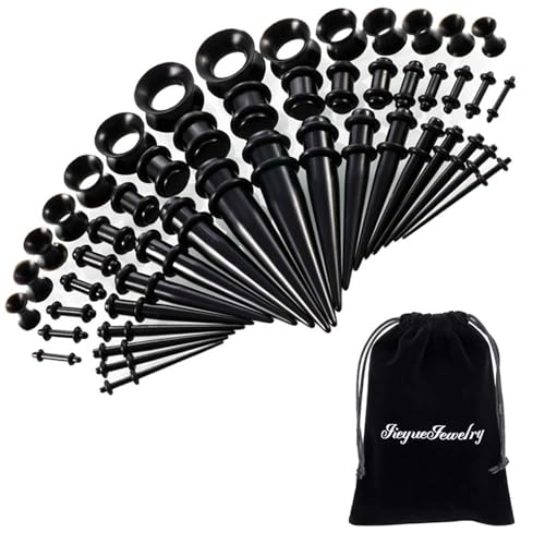 JieyueJewelry 50 Pieces Ear Stretching Kit 14G-00G Acrylic Tapers and Plugs + Silicone Tunnels - Ear Gauges Expander Set Body Jewelry (Black)