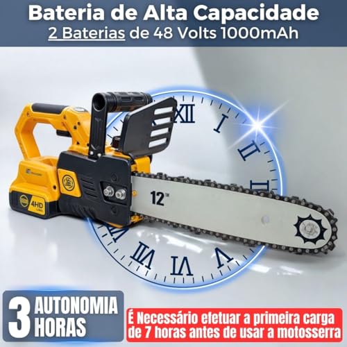 Motosserra Elétrica 48V com Bateria Recarregável, Lâmina de 12 Polegadas para Cortes Rápidos e Preci