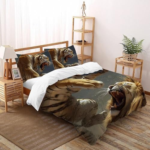 Housse de couette double lion animaux imprimé 3D avec taies d'oreiller microfibre