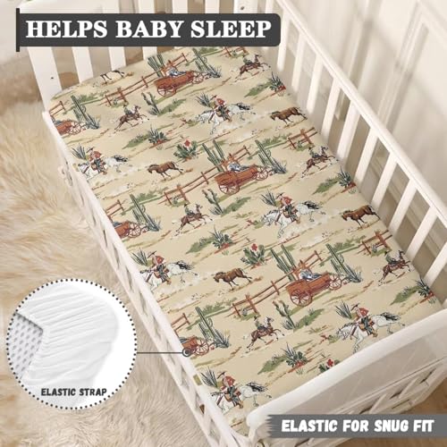 Image of Western Cowboy Baby Crib Sheets Neutral Breathable Bedding Sets for Cribs Horse Fitted Removable Mattress Cover for Boys Safe and Breathable Nursery Decor Home Accessories