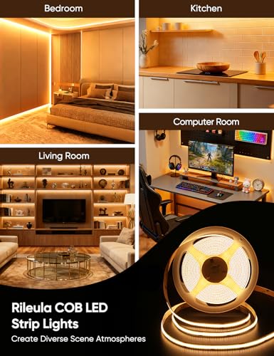 Image of COB LED Strip Lights 2700K Warm White with DC24V UL Listed Adapter | Music Sync LED Lights Remote App Control 16.4ft /5m CRI90+ Ultra Bright LED Rope Lights for Home Bedroom Cabinet DIY Lighting