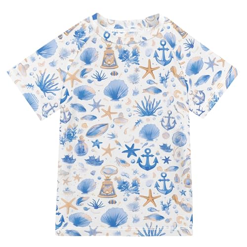Blue Seastars Anchors Girl Bathing Suit Short Sleeves Sports Clothes Swimwear Beach Tops 3T