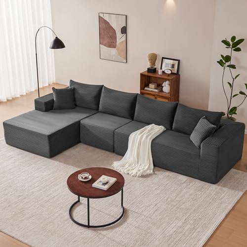 Image of Mangodan 140 inch Cloud Sectional Couch, Modular Sectional Sofa with Deep Seat, Boneless Sofa for Living Room, Fluffy Comfy L-Shaped Couch with Left Facing Chaise, No Assembly Required, Grey
