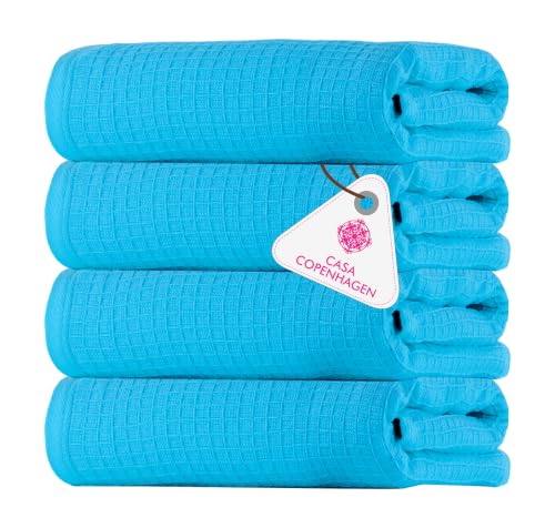 Image of Casa Copenhagen, Egyptian Cotton - Waffle Terry Towel 4 Piece 100% Cotton Large Bath Towel Set - Teal Blue