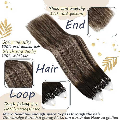 Ugeat 24 inch Micro Beads Hair Extensions Real Human Hair Dark Brown Balayage Micro Hair Extensions Real Human Hair Ash Blonde Ombre Brown 50G/50S #4/18/4 - Image 2
