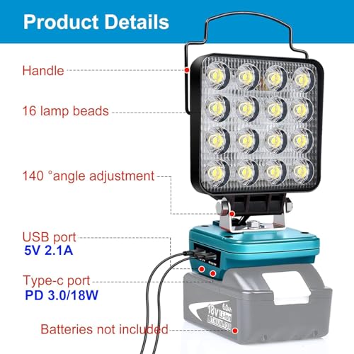 lampe led rechargeable pour batterie makita 18v,48w baladeuse lampe de chantier alimenté par pile, projecteur led rechargeable avec charge type c & usb (sans batterie) (nmtzfdts4in)