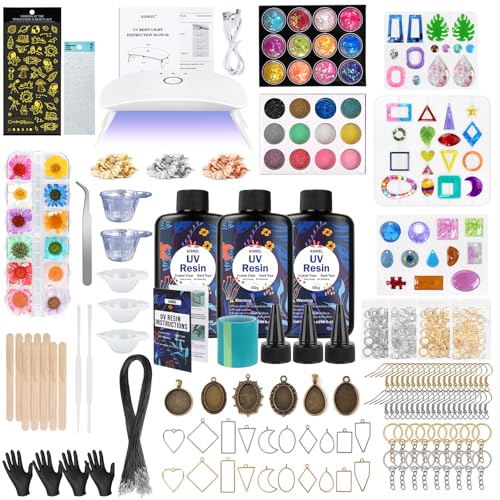 KISREL UV Resin Jewelry Making Kit, 300g Crystal Clear Resin with Light and Molds, DIY Jewelry...