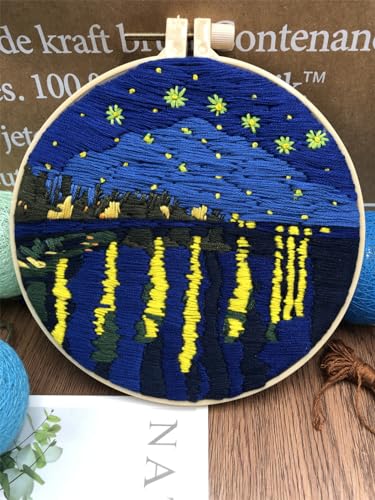 Image of Meecaa Rhone Starry Sky Night Embroidery Kit Starter Set, Hand Embroidery Set,Pattern Printed Cross Stitch Set for Beginner Adults, with Embroidery Hoop and Instructions (Rhone Starry Sky)