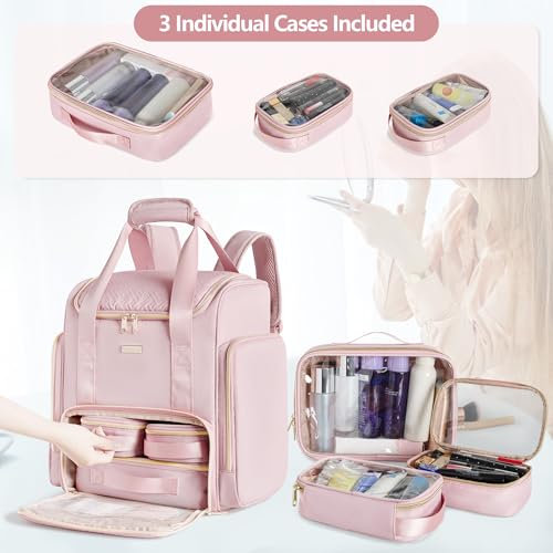 Large Makeup Backpack with 3 Clear Makeup Bags, Double Layers Professional Makeup Travel Case with Brushes Storage Section for Makeup Artists3